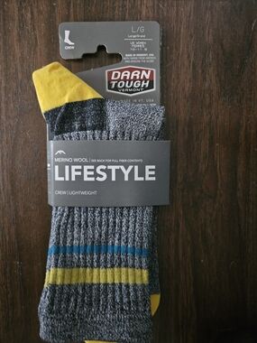 Darn Tough Lifestyle Merino Wool Crew Socks — Gray with Yellow & Teal Stripes
